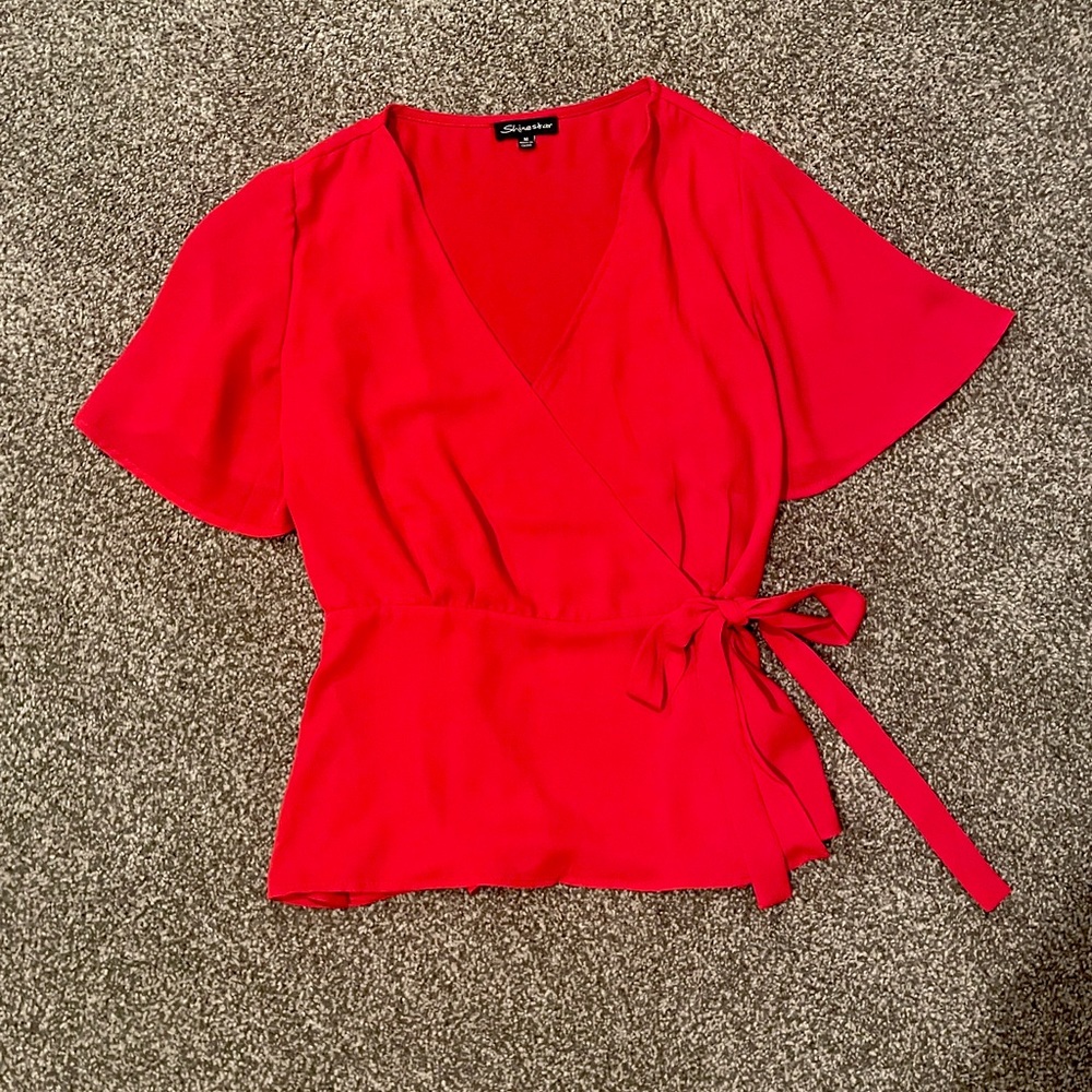 RED WRAP FRONT BLOUSE